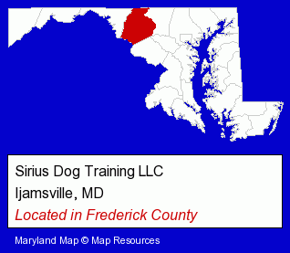 Maryland counties map, showing the general location of Sirius Dog Training LLC