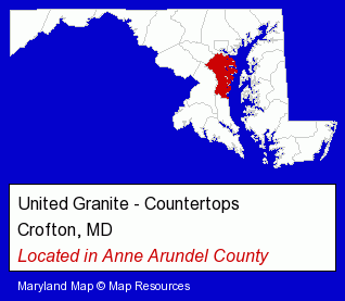 Maryland counties map, showing the general location of United Granite - Countertops