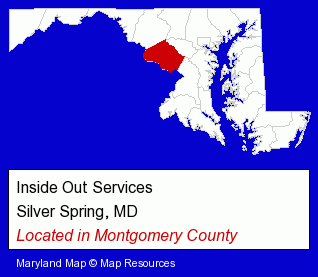 Maryland counties map, showing the general location of Inside Out Services