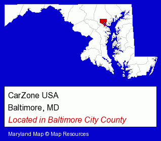 Maryland counties map, showing the general location of CarZone USA