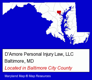 Maryland counties map, showing the general location of D'Amore Personal Injury Law, LLC