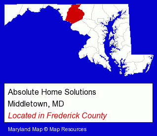 Maryland counties map, showing the general location of Absolute Home Solutions