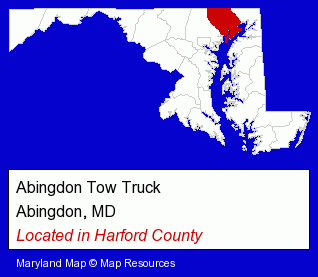 Maryland counties map, showing the general location of Abingdon Tow Truck