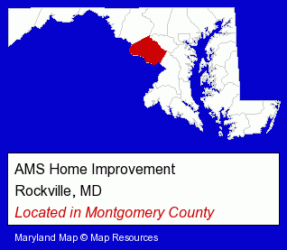 Maryland counties map, showing the general location of AMS Home Improvement