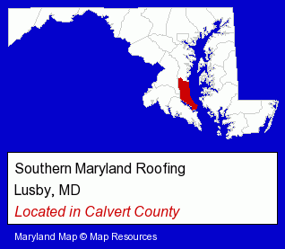 Maryland counties map, showing the general location of Southern Maryland Roofing