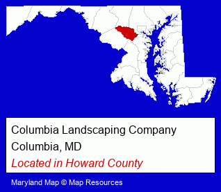 Maryland counties map, showing the general location of Columbia Landscaping Company