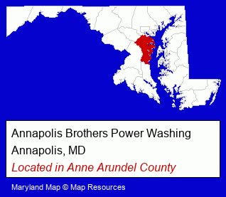 Maryland counties map, showing the general location of Annapolis Brothers Power Washing