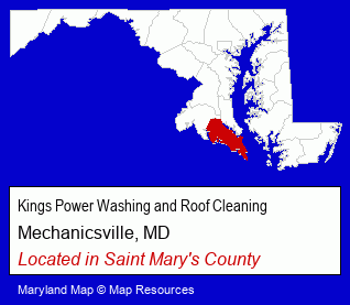 Maryland counties map, showing the general location of Kings Power Washing and Roof Cleaning