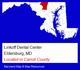 Maryland counties map, showing the general location of Linkoff Dental Center