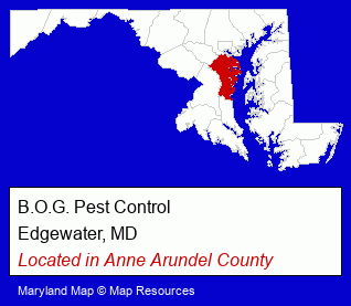 Maryland counties map, showing the general location of B.O.G. Pest Control