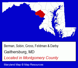 Maryland counties map, showing the general location of Berman, Sobin, Gross, Feldman & Darby