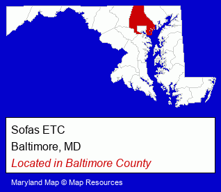 Maryland counties map, showing the general location of Sofas ETC
