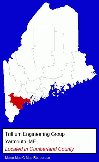 Maine counties map, showing the general location of Trillium Engineering Group