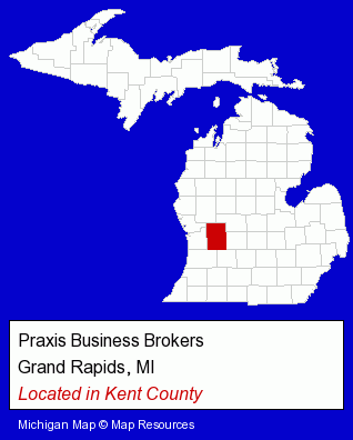 Michigan counties map, showing the general location of Praxis Business Brokers