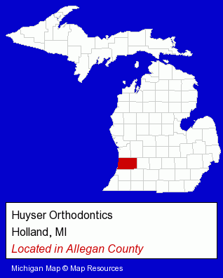 Michigan counties map, showing the general location of Huyser Orthodontics