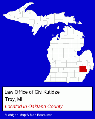 Michigan counties map, showing the general location of Law Office of Givi Kutidze