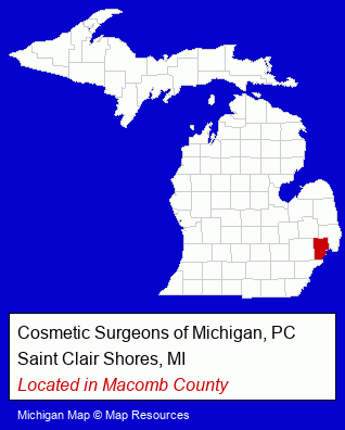 Michigan counties map, showing the general location of Cosmetic Surgeons of Michigan, PC
