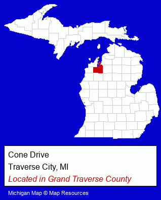 Michigan counties map, showing the general location of Cone Drive