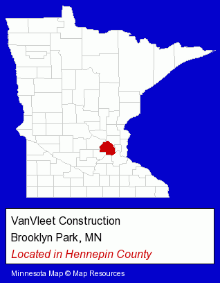 Minnesota counties map, showing the general location of VanVleet Construction