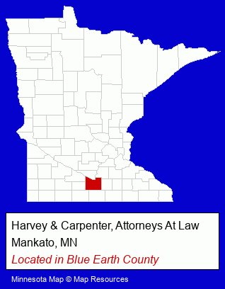Minnesota counties map, showing the general location of Harvey & Carpenter, Attorneys At Law