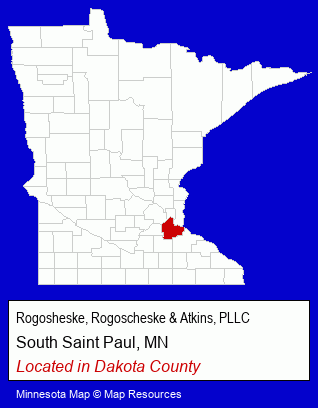 Minnesota counties map, showing the general location of Rogosheske, Rogoscheske & Atkins, PLLC