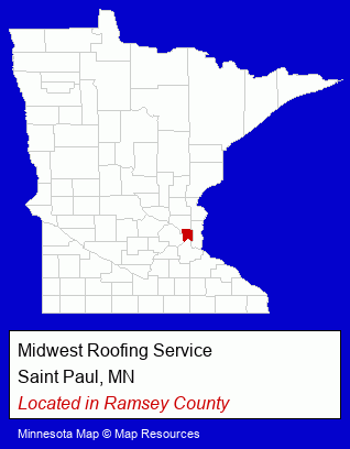 Minnesota counties map, showing the general location of Midwest Roofing Service