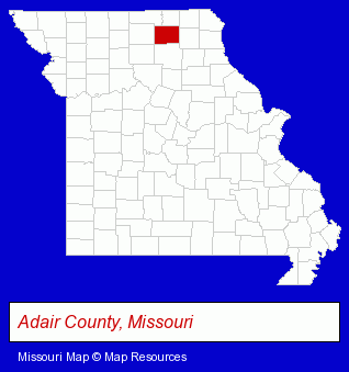 Missouri map, showing the general location of Adair County R-II School District