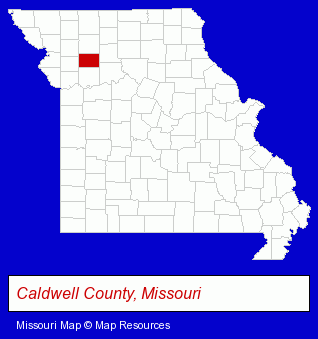 Missouri map, showing the general location of Caldwell County Mutual Insurance Co