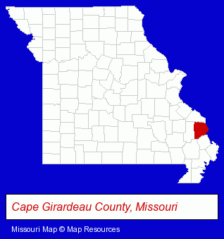 Missouri map, showing the general location of Southeast Missouri Hospital - Christoper Jones MD