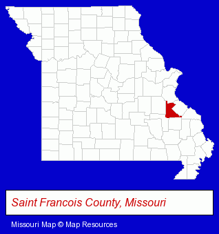 Missouri map, showing the general location of Bonne Terre Family Fun Center
