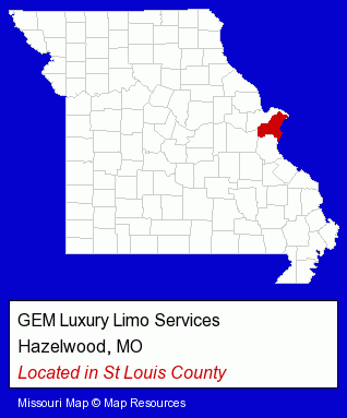 Missouri counties map, showing the general location of GEM Luxury Limo Services