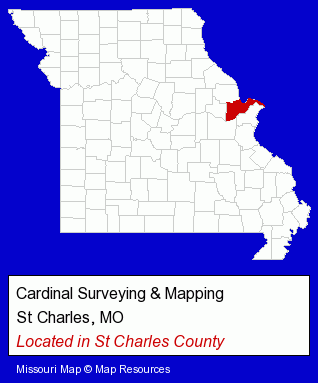 Missouri counties map, showing the general location of Cardinal Surveying & Mapping