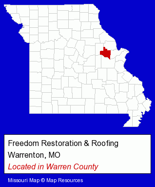 Missouri counties map, showing the general location of Freedom Restoration & Roofing