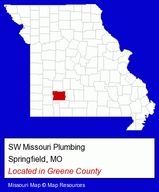 Missouri counties map, showing the general location of SW Missouri Plumbing