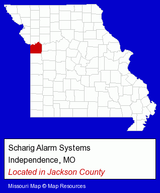 Missouri counties map, showing the general location of Scharig Alarm Systems