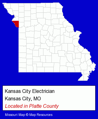 Missouri counties map, showing the general location of Kansas City Electrician