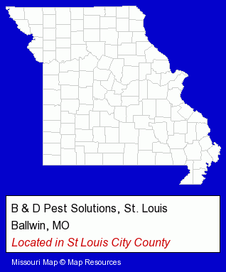 Missouri counties map, showing the general location of B & D Pest Solutions, St. Louis