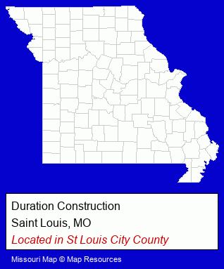 Missouri counties map, showing the general location of Duration Construction