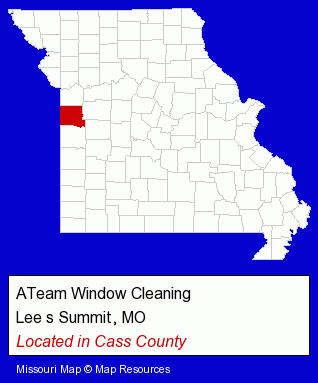Missouri counties map, showing the general location of ATeam Window Cleaning