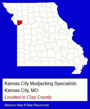 Missouri counties map, showing the general location of Kansas City Mudjacking Specialists