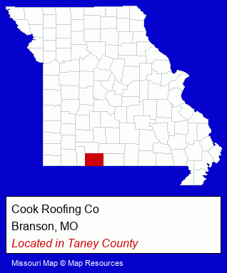 Missouri counties map, showing the general location of Cook Roofing Co