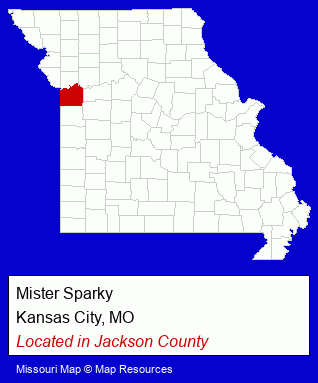 Missouri counties map, showing the general location of Mister Sparky