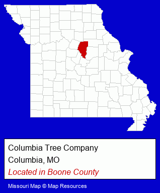 Missouri counties map, showing the general location of Columbia Tree Company