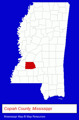 Mississippi map, showing the general location of Copiah Bank