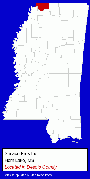Mississippi counties map, showing the general location of Service Pros Inc.