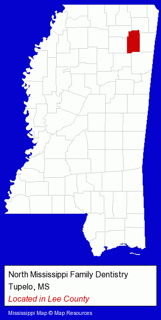 Mississippi counties map, showing the general location of North Mississippi Family Dentistry