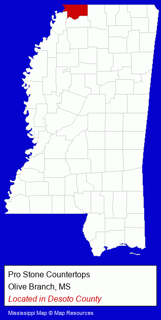 Mississippi counties map, showing the general location of Pro Stone Countertops