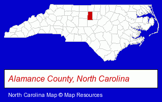 North Carolina map, showing the general location of Alamance Veterinary Hospital