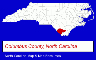 North Carolina map, showing the general location of East Columbus High School