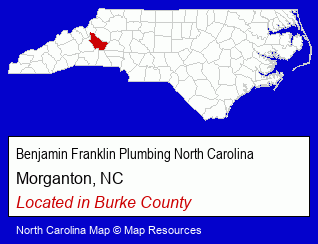 North Carolina counties map, showing the general location of Benjamin Franklin Plumbing North Carolina
